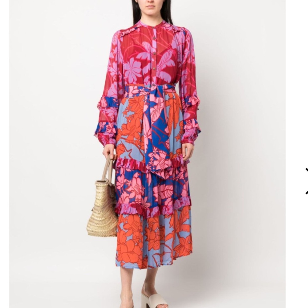Farm Rio mixed living maxi tiered printed dress fit S /M 👇